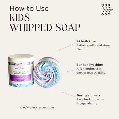 Infographic showing how to use Simply Stated Fruity Loops Kids Whipped Soap with mango butter, open jar swirl texture.