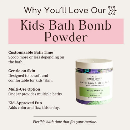 Infographic showing benefits of Simply Stated Magic Rainbow Kids Bath Bomb in a Jar with cocoa butter.
