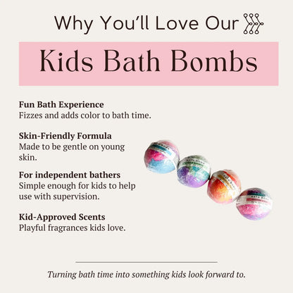 Infographic showing benefits of Kids Bath Bombs: Cotton Candy, Magic Rainbow, Tropical Twist, and Unicorn Kisses.