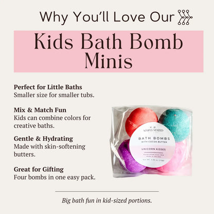 Infographic showing benefits of Simply Stated Unicorn Kisses Kids Bath Bomb Minis with cocoa butter, four-pack.