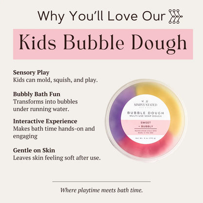 Infographic showing benefits of Simply Stated Sweet Bubbly Kids Bubble Dough, sensory play, and bubbly bath fun.