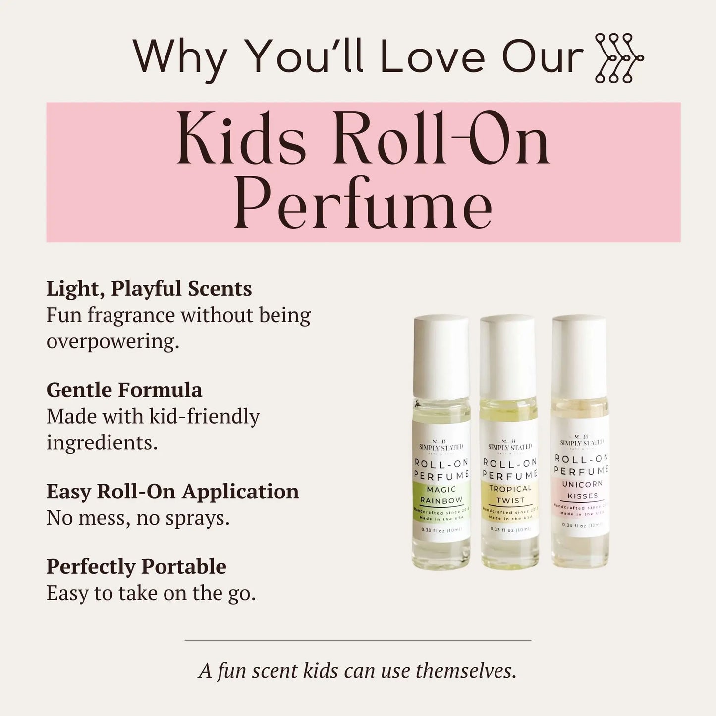 Infographic showing benefits of Kids Roll-On Perfume: Magic Rainbow, Tropical Twist, and Unicorn Kisses.