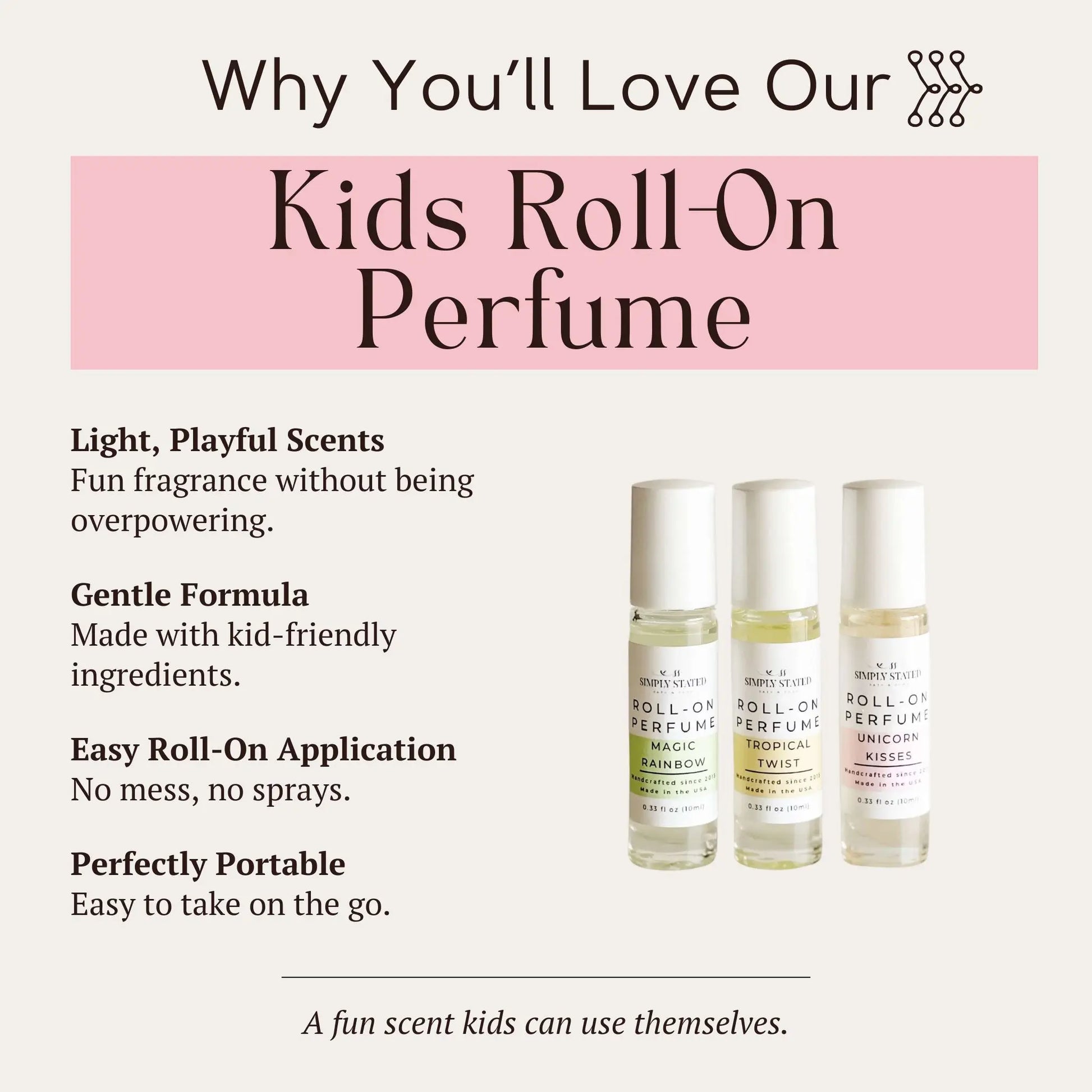 Infographic showing benefits of Kids Roll-On Perfume: Magic Rainbow, Tropical Twist, and Unicorn Kisses.