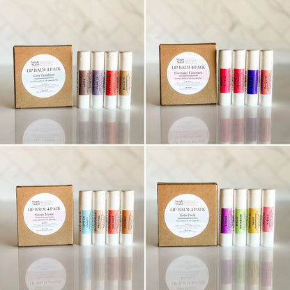 Collage of lip balm sets with different color combinations on a neutral background