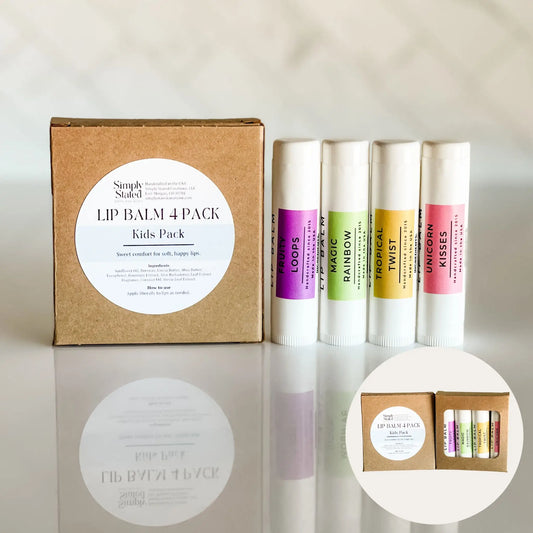 Lip balm 4-pack for kids with a cardboard box on a light background