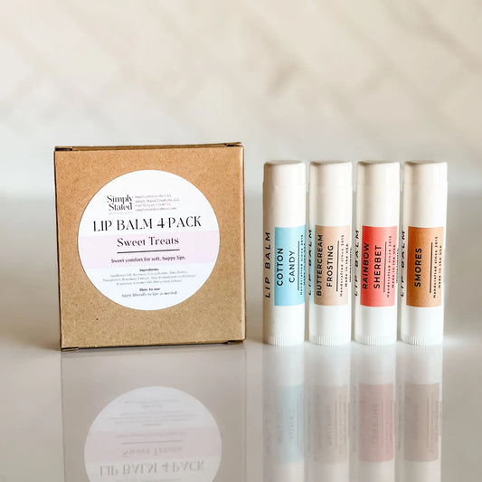 Lip balm 4-pack with a cardboard box labeled 'Sweet Treats' on a reflective surface.
