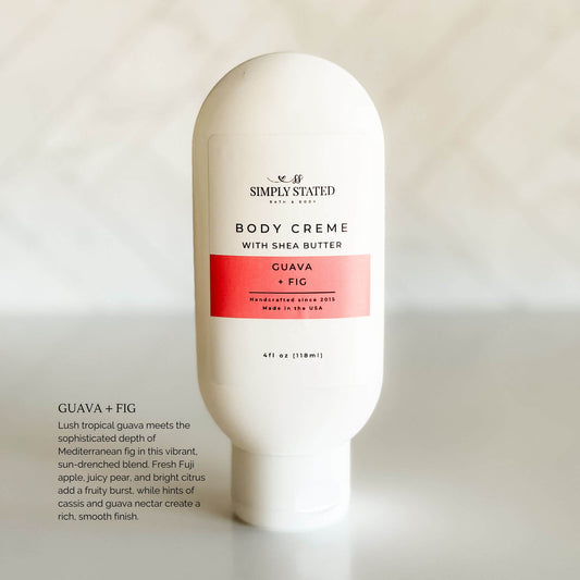 Simply Stated Body Crème in Guava Fig scent, May Exclusive Scent of the Month. Bold, fruity tropical notes in a juicy blend of guava and fig on a coral pink label.