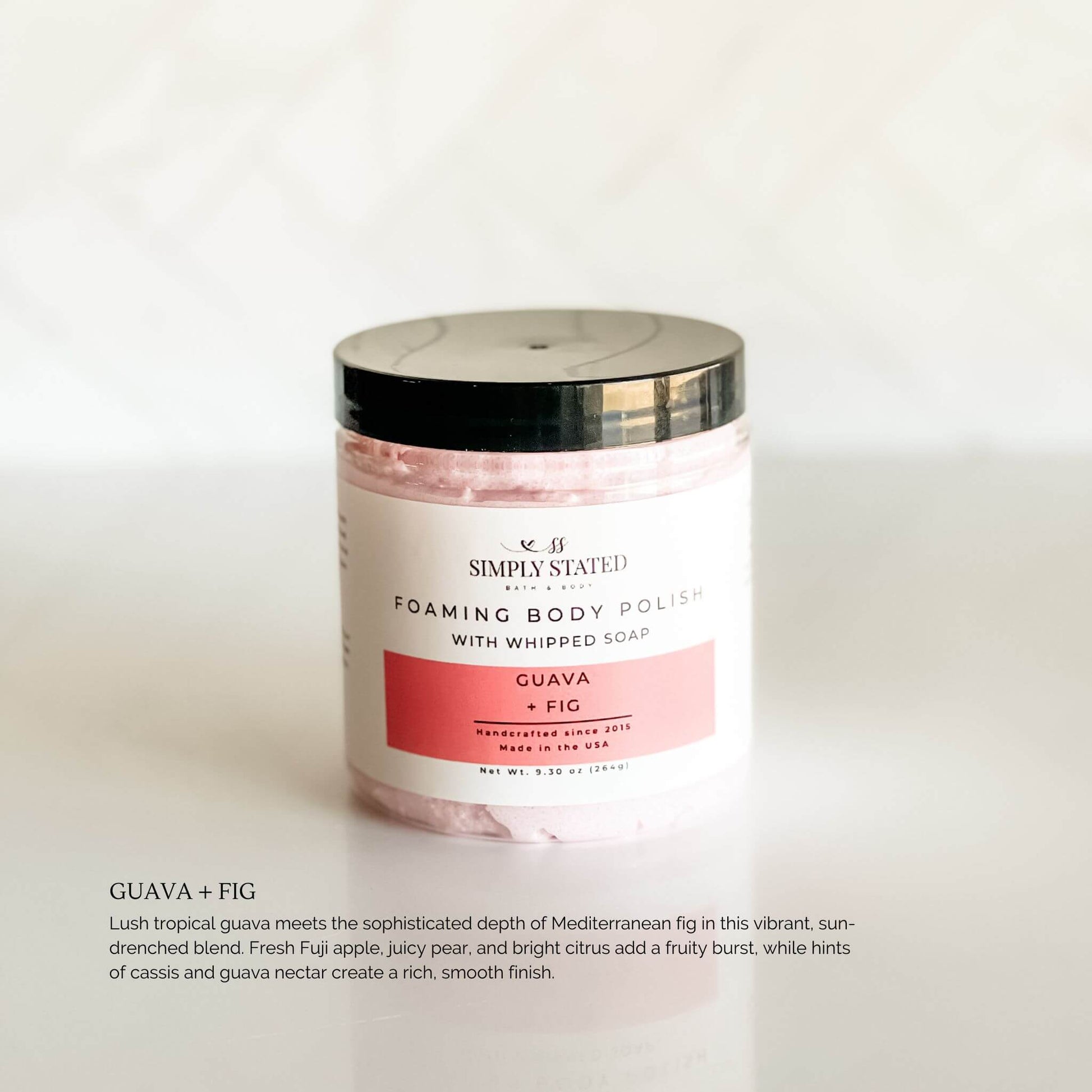 Simply Stated Guava + Fig Foaming Body Polish – tropical sugar scrub with whipped soap base and citrus fig scent in pink jar