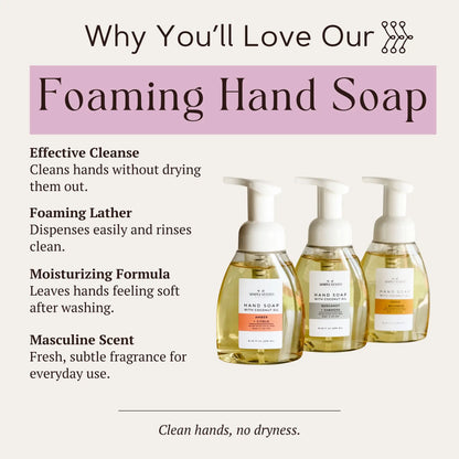 Infographic listing benefits of Simply Stated Bath & Body Foaming Hand Soap, with three scent bottles shown