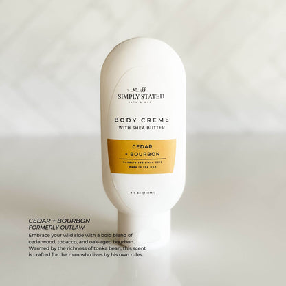 Cedar + Bourbon 4 oz bottle with white minimalist packaging, perfect for travel.