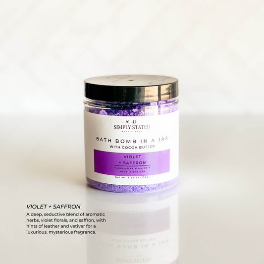 Bath Bomb in a Jar - Violet Saffron with violet, saffron, and herb scent in purple bath bomb blend.