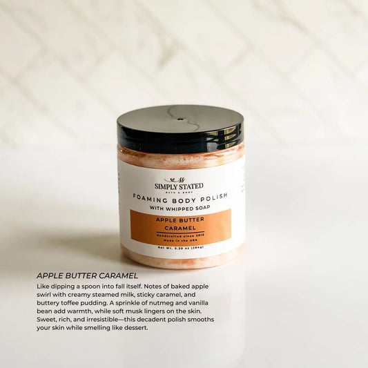 Jar of Simply Stated Apple Butter Caramel foaming body polish on a neutral background