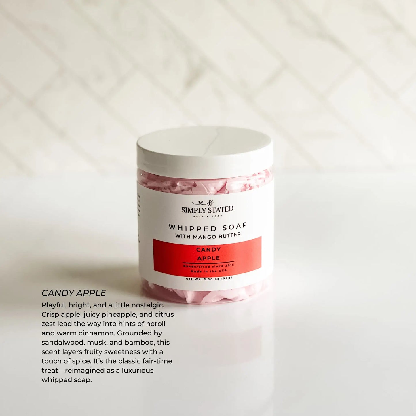 Candy Apple Whipped Soap – mango butter cleanser with sweet apple and cinnamon scent, Simply Stated Bath & Body.