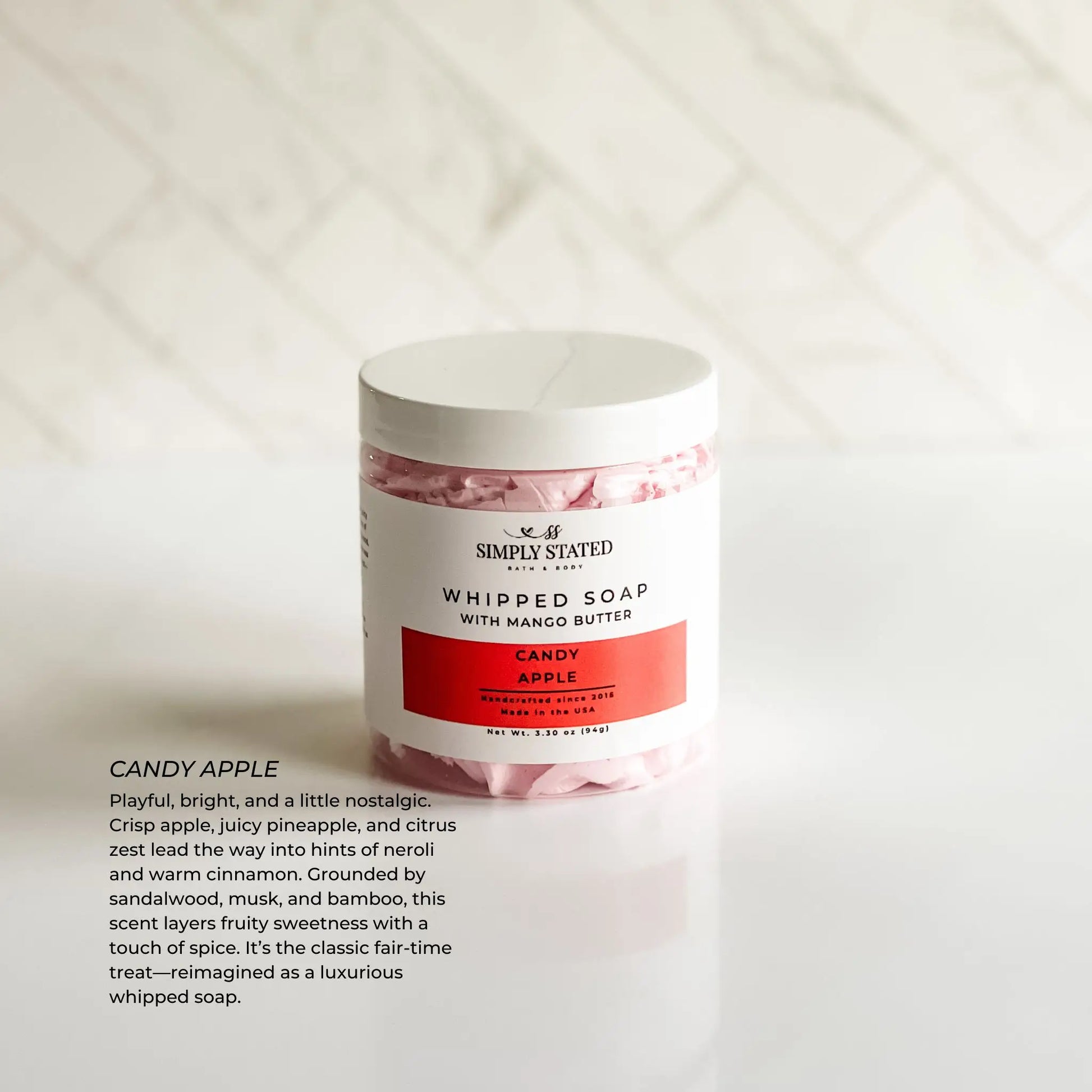 Candy Apple Whipped Soap – mango butter cleanser with sweet apple and cinnamon scent, Simply Stated Bath & Body.