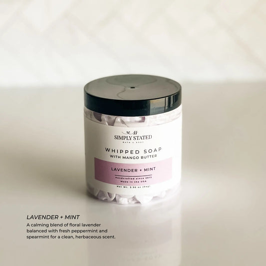 Whipped soap container with lavender and mint scent on a white background