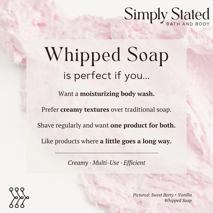Simply Stated Whipped Soap guide, creamy moisturizing body wash and shave soap, pink whipped lather background.
