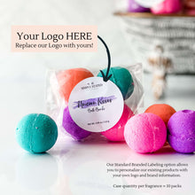 Private Label Bath Bomb Packs available in a case of 10. Our Standard Branded Labeling option allows you to personalize our existing products with your own logo and brand infromation.