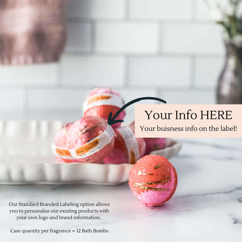Individually wrapped bath bombs private label case of 12. Our Standard Branded Labeling option allows you to personalize our existing products with your own logo and brand infromation.