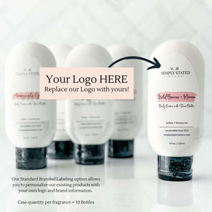 Body Creme private label case of 10 bottles. Our Standard Branded Labeling option allows you to personalize our existing products with your own logo and brand infromation.