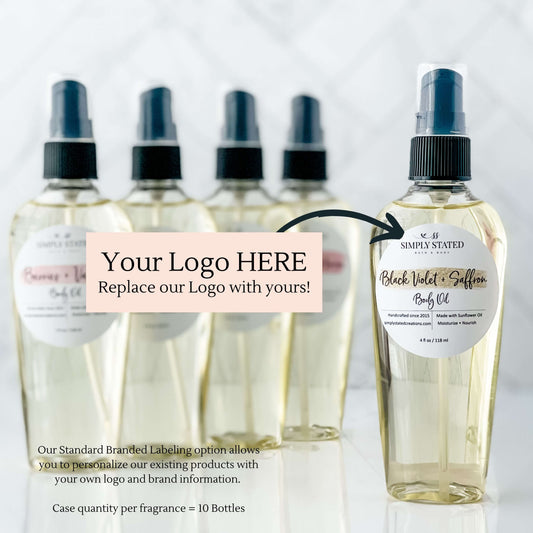 Body Oil private label case includes 10 bottles. Our Standard Branded Labeling option allows you to personalize our existing products with your own logo and brand infromation.