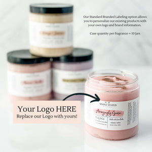 Body Polish private label case includes 10 jars. Our Standard Branded Labeling option allows you to personalize our existing products with your own logo and brand infromation.