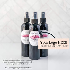 Body Spray private label case includes 10 bottles of the same fragrance. Our Standard Branded Labeling option allows you to personalize our existing products with your own logo and brand infromation.