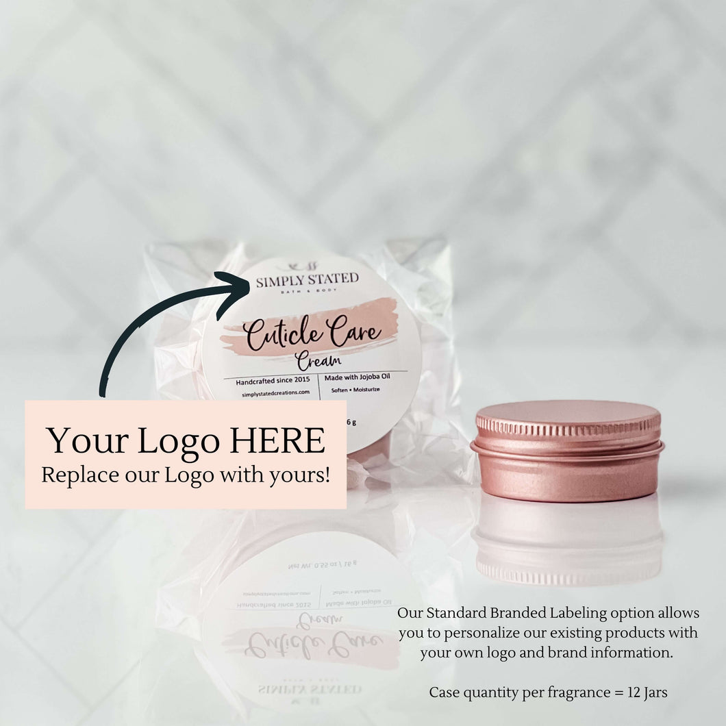 Cuticle Care private label case includes 12 jars. Our Standard Branded Labeling option allows you to personalize our existing products with your own logo and brand infromation.