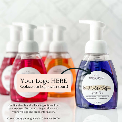 Liquid Foaming Hand Soap private label case of 10 foamer bottles. Our Standard Branded Labeling option allows you to personalize our existing products with your own logo and brand infromation.