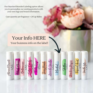 Lip Balm private label case includes 24 tubes of one flavor. Our Standard Branded Labeling option allows you to personalize our existing products with your own logo and brand infromation.