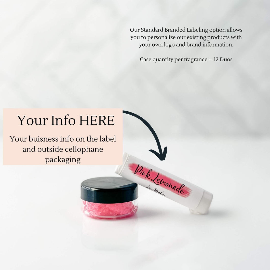 Lip Duo consists of a lip balm and matching mini lip scrub. Each private label case comes with 12 duos. Our Standard Branded Labeling option allows you to personalize our existing products with your own logo and brand infromation.