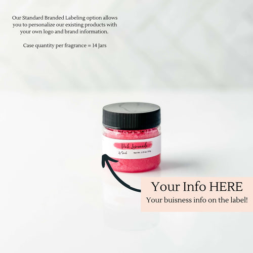 Lip Scrubs come in a 1 oz jar. Private label cases include 14 jars of the same flavor. Our Standard Branded Labeling option allows you to personalize our existing products with your own logo and brand infromation.