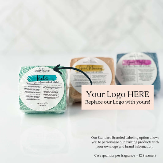 Shower Steamers with menthol private label case includes 12 steamers of one essential oil blend. Our Standard Branded Labeling option allows you to personalize our existing products with your own logo and brand infromation.