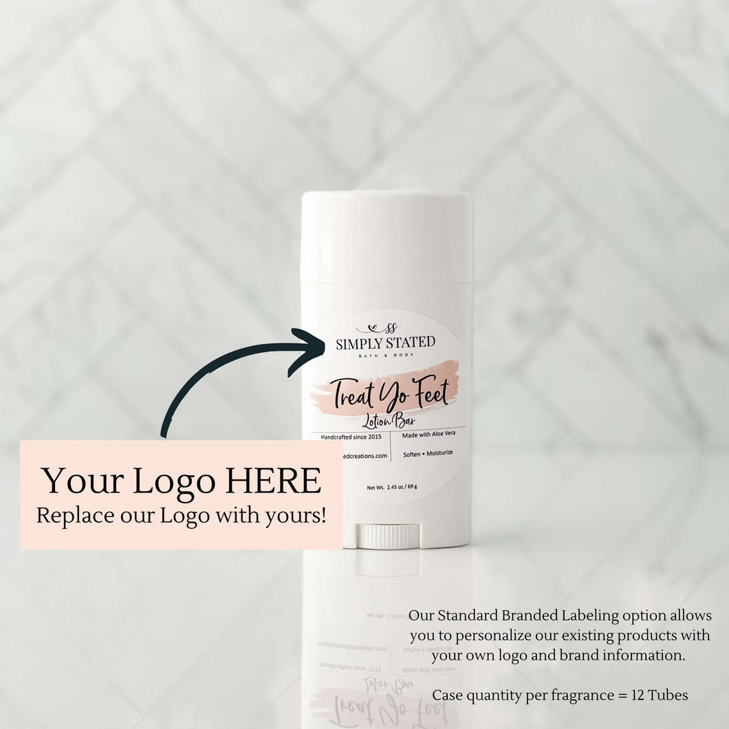 Treat Yo Feet private label case includes 12 tubes. Our Standard Branded Labeling option allows you to personalize our existing products with your own logo and brand infromation.