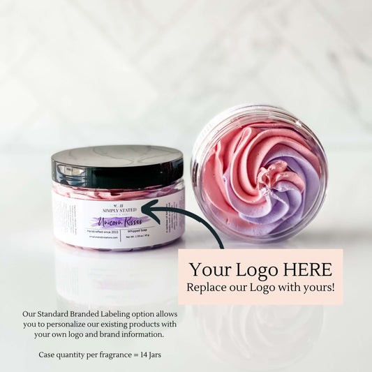 Whipped Soap private label case of 14 jars of one fragrance.  Our Standard Branded Labeling option allows you to personalize our existing products with your own logo and brand infromation.