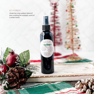 2023 Christmas Collection Odor Neutralizing Room Linen Car Spray in Icy Forest. Inhale the crisp outdoor blend of pine, evoking the nostalgic scent of a winter forest.