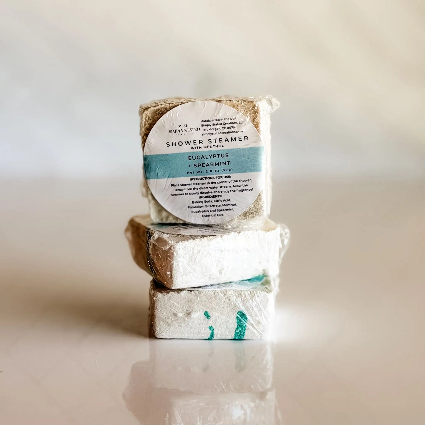 Simply Stated Eucalyptus Spearmint Shower Steamer 3-Pack with menthol — essential oil shower steamers handcrafted in Fort Morgan Colorado