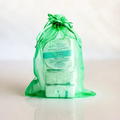 Simply Stated Eucalyptus Spearmint Shower Steamer 3-Pack in green organza bag — gift-ready menthol steamers handcrafted in Colorado