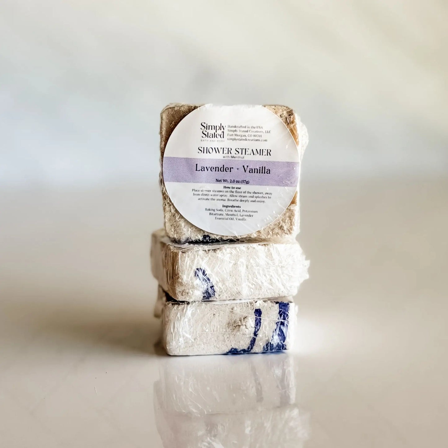 Simply Stated Lavender Vanilla Shower Steamer 3-Pack with menthol — essential oil shower steamers handcrafted in Fort Morgan Colorado