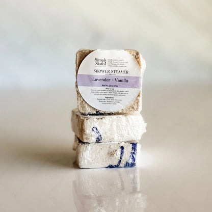 Simply Stated Lavender Vanilla Shower Steamer 3-Pack with menthol — essential oil shower steamers handcrafted in Fort Morgan Colorado