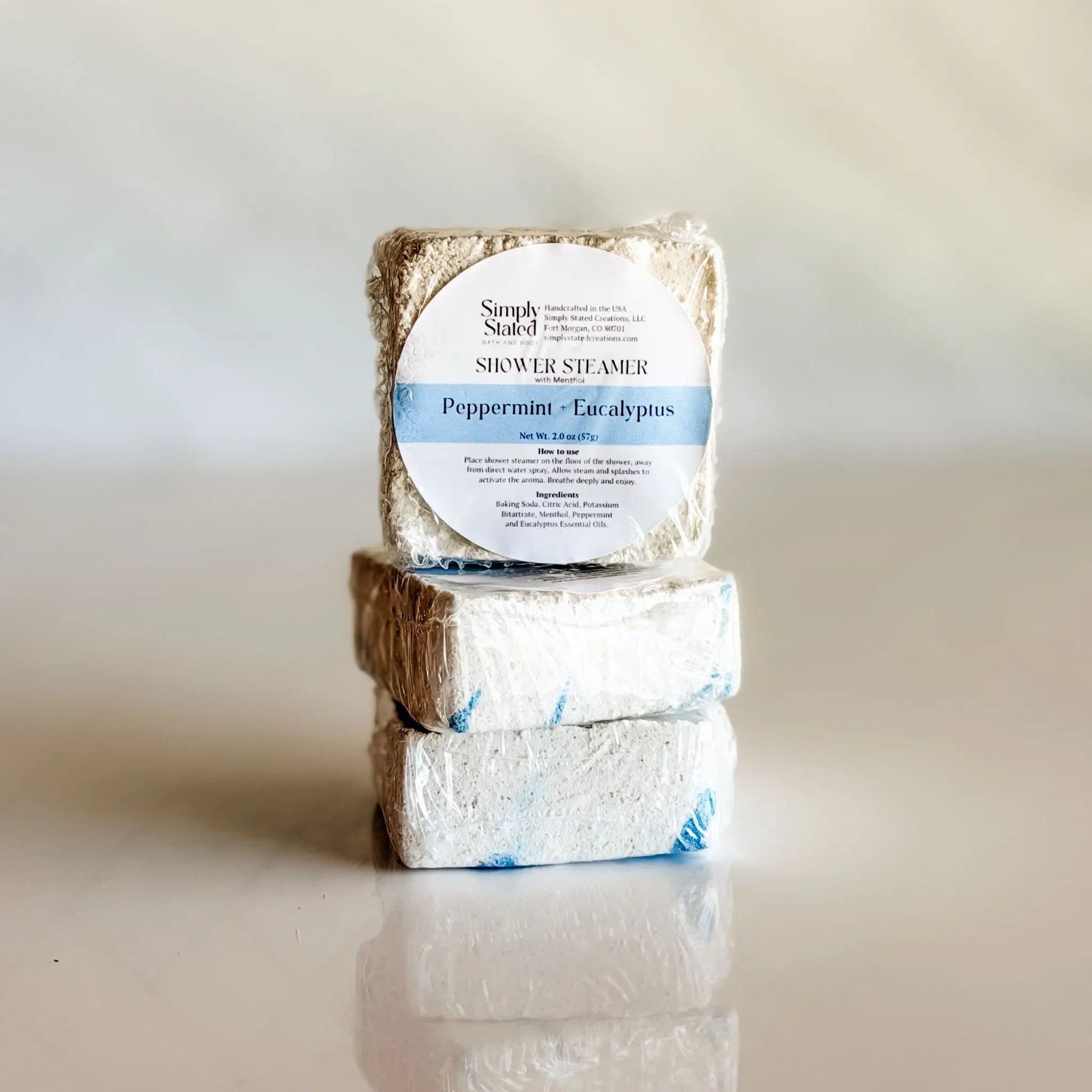 Simply Stated Peppermint Eucalyptus Shower Steamer 3-Pack with menthol — essential oil shower steamers handcrafted in Fort Morgan Colorado