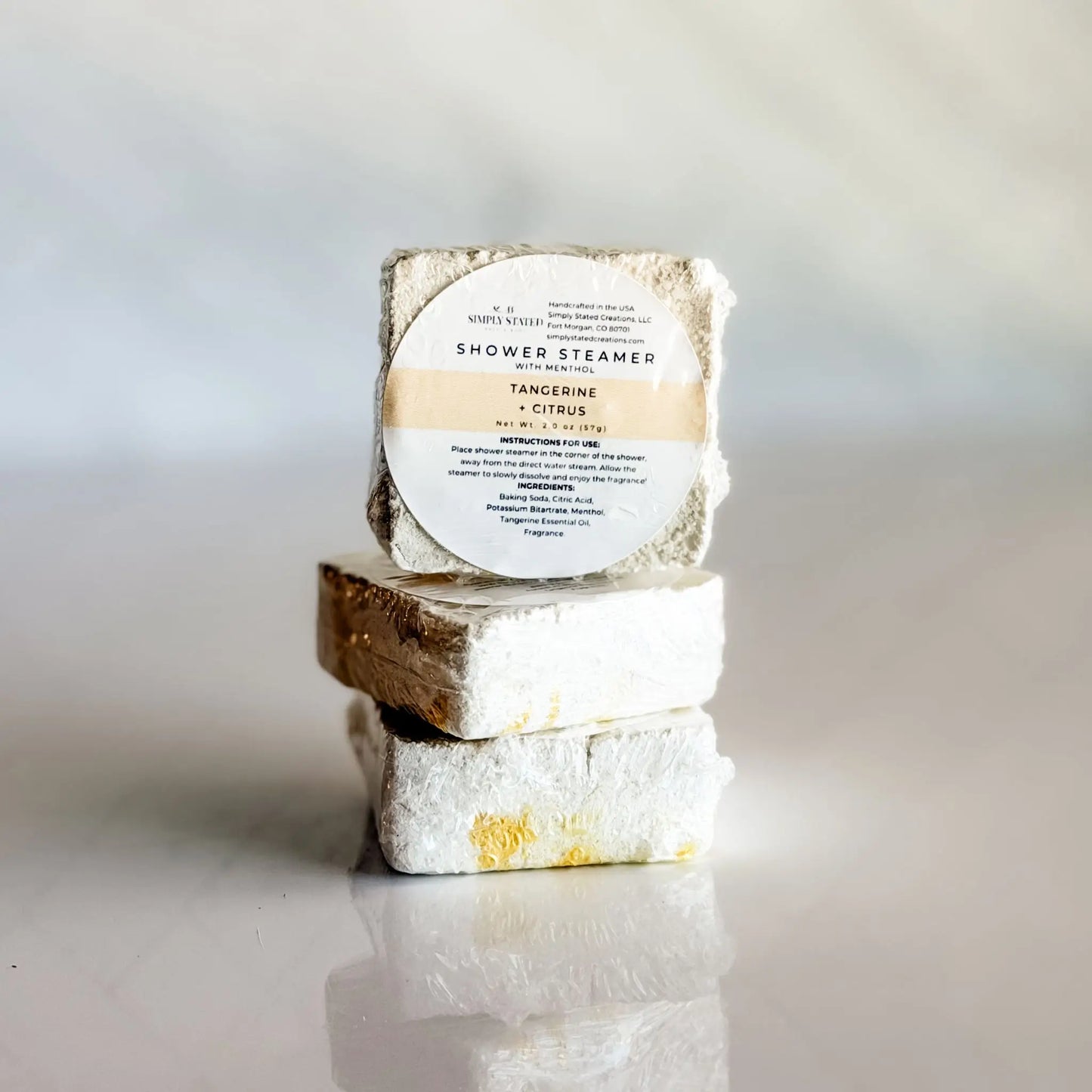 Simply Stated Tangerine Citrus Shower Steamer 3-Pack with menthol — essential oil shower steamers handcrafted in Fort Morgan Colorado
