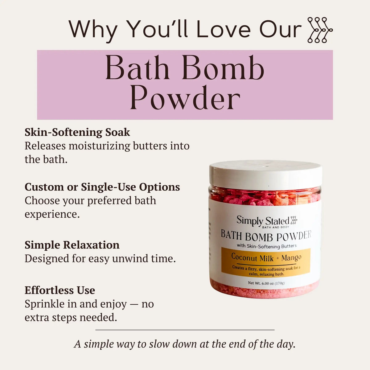Coconut Milk + Mango Bath Bomb Powder infographic listing soak, use options, relaxation, and ease-of-use features