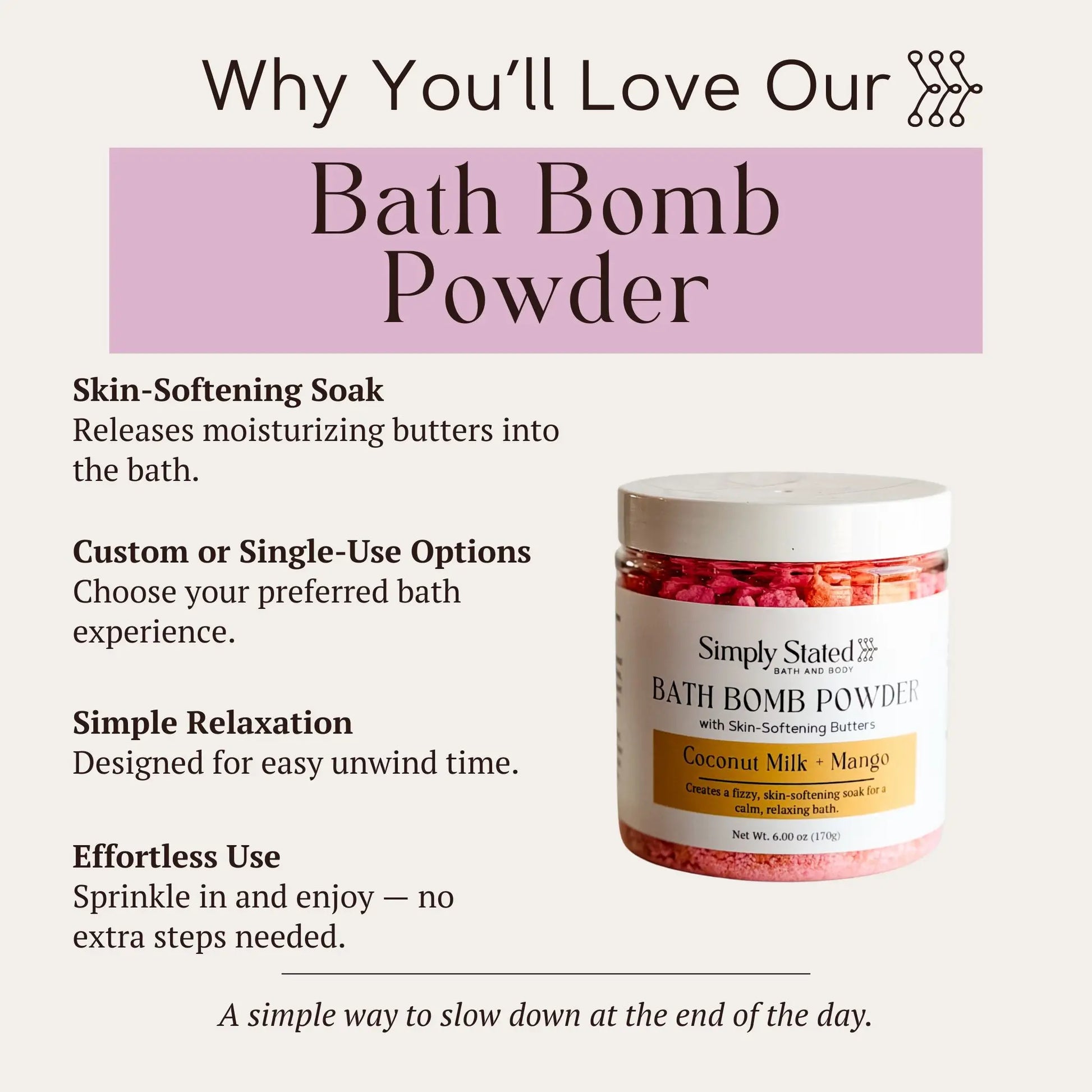 Coconut Milk + Mango Bath Bomb Powder infographic listing soak, use options, relaxation, and ease-of-use features