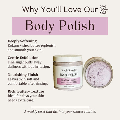 Sea Salt + Orchid Body Polish infographic listing softening, exfoliation, finish, and texture features