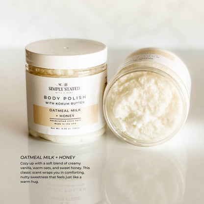 Simply Stated Body Polish in Oatmeal Milk + Honey scent, a soft blend of vanilla, warm oats, and honey for a comforting exfoliation. 9.3 oz jar with updated label design.