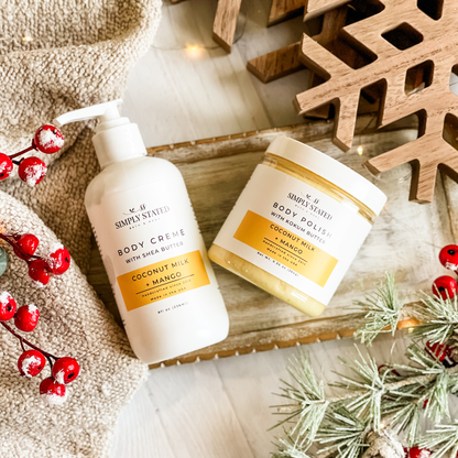 Simply Stated Coconut Milk + Mango Body Creme and Body Polish duo, with shea and kokum butter, berries and frosted pine.