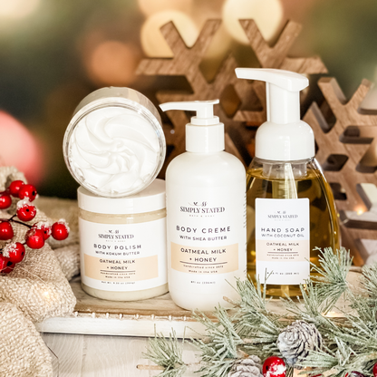 Simply Stated oatmeal milk honey body polish, shea butter body creme and hand soap with holiday berries and pine