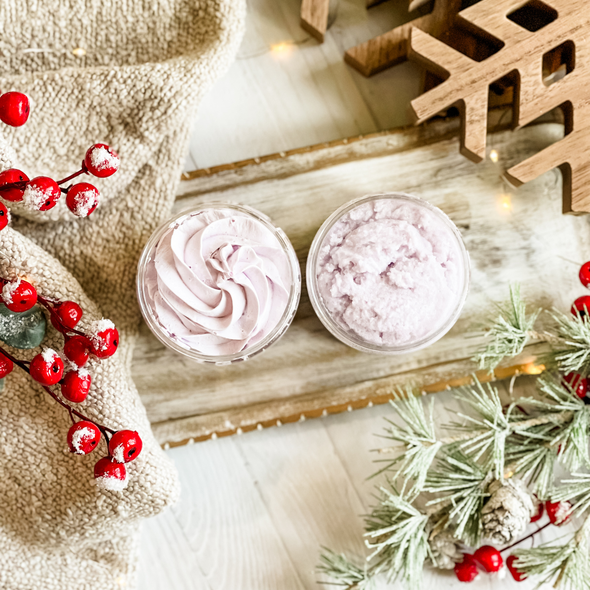 Simply Stated sea salt orchid whipped soap and body polish in open jars showing swirled and scrubby textures
