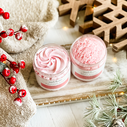 Simply Stated sweet berry vanilla whipped soap and body polish in open jars showing swirled and scrubby textures