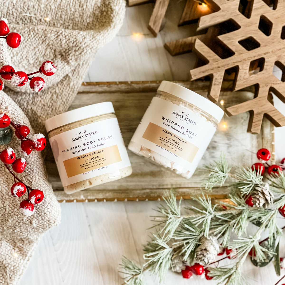 Simply Stated warm vanilla sugar foaming body polish and mango butter whipped soap with holiday berries and pine